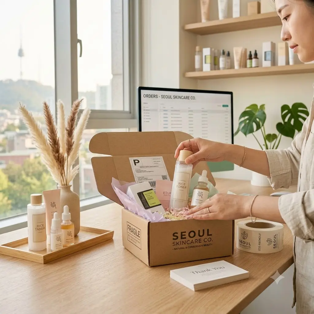 Lumi Market team carefully packing authentic Korean skincare products for global shipping from Seoul